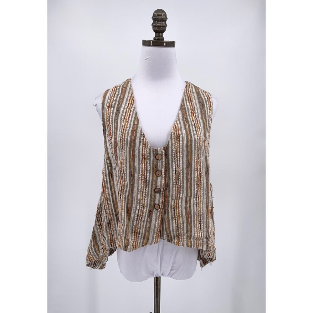 Cannisse Womens Brown Boho Striped Linen Blend Asymmetrical Tank Top One Size